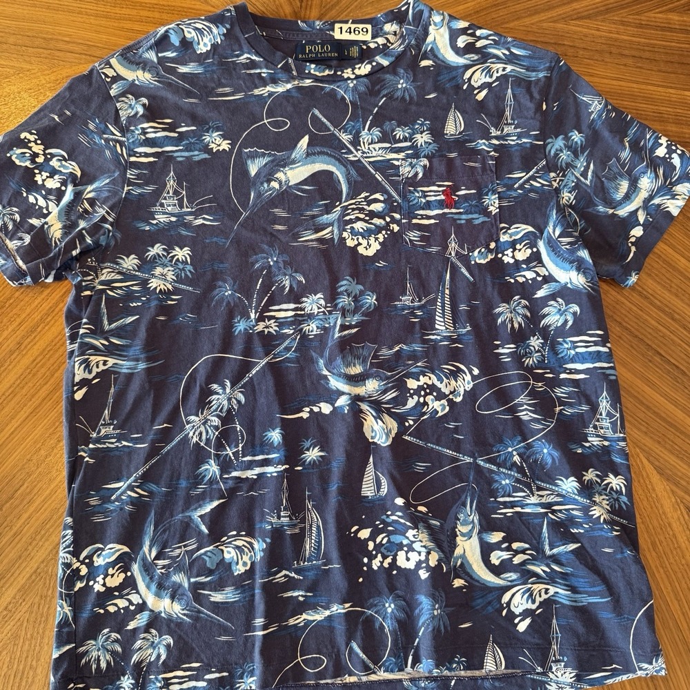 Polo Ralph Lauren Pocket T-Shirt Men's Size Large Blue Marlin Fishing Boat Ocean